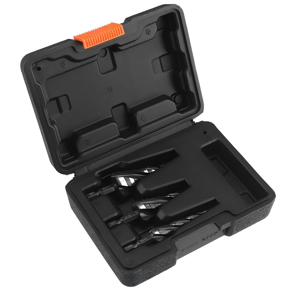 Spiral Flute Step Drill Bit Set, 3 Pcs HSS Step Drill Bits (1/8"-1-3/8") Unibit Step Drill Bit, 1/4" and 3/8" Shank Step Bits for Aluminum, Wood, Plastic, Metal