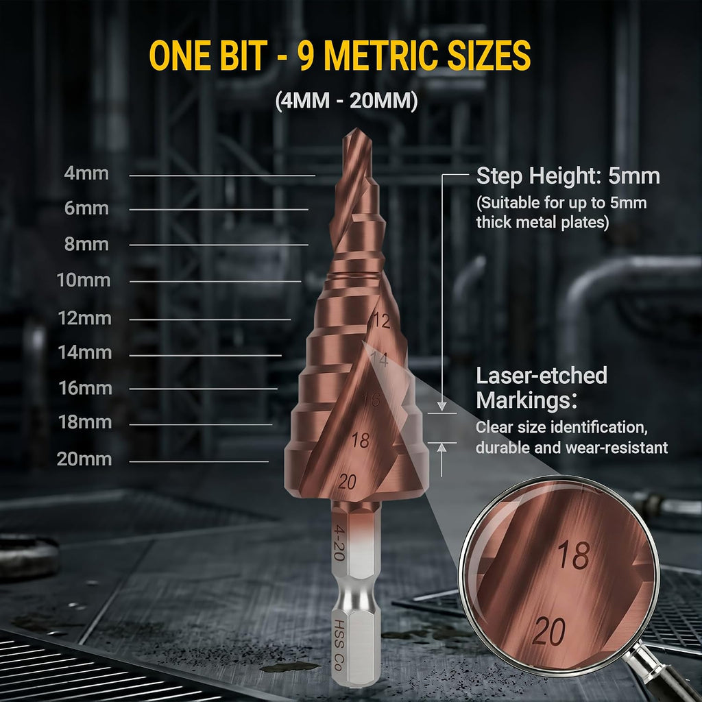 M35 Cobalt Step Drill Bit for Stainless Steel 4-20Mm 1/4" Hex Shank