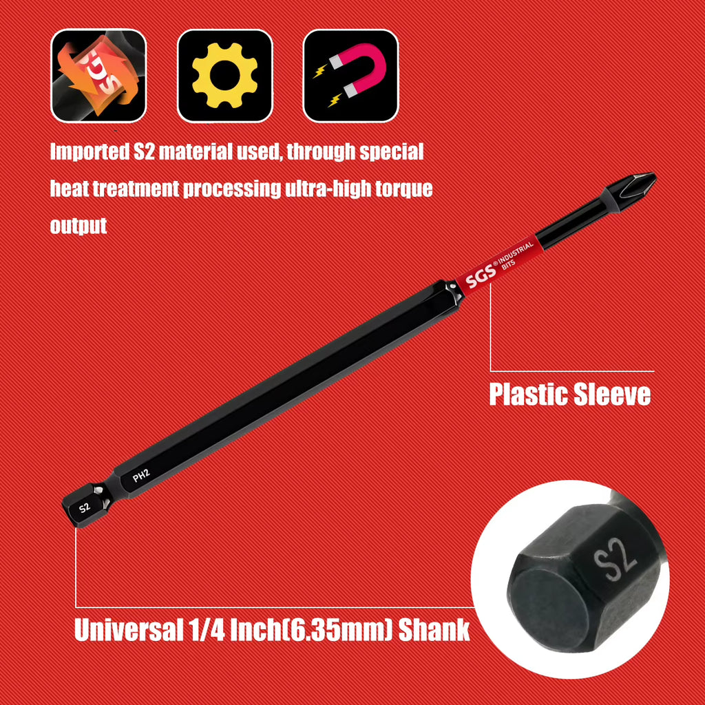 Titan Impact Universal Ph2 Magnetic Impact Bit, 150Mm Extended Length, High-Strength S2 Steel, 1/4" Universal Hex Shank, Compatible with Electric Screwdrivers and Drills, Specialized Power Tool Set for Furniture Assembly / Automotive Repair