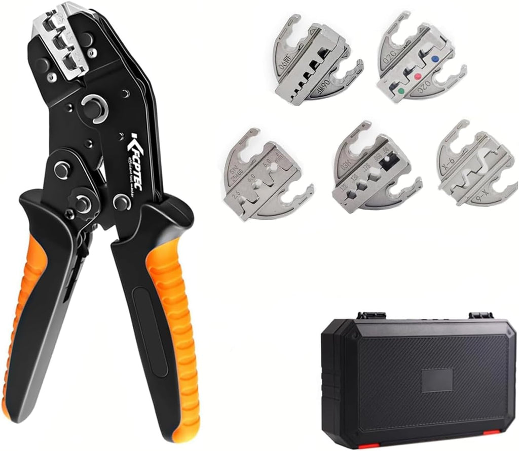 Ratcheting Crimping Tool, 5 Quick-Change Jaws for Wire Terminals