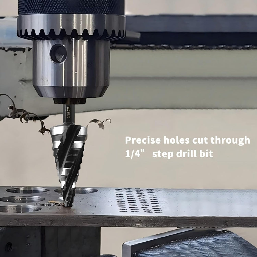 Spiral Flute Step Drill Bit Set, 3 Pcs HSS Step Drill Bits (1/8"-1-3/8") Unibit Step Drill Bit, 1/4" and 3/8" Shank Step Bits for Aluminum, Wood, Plastic, Metal