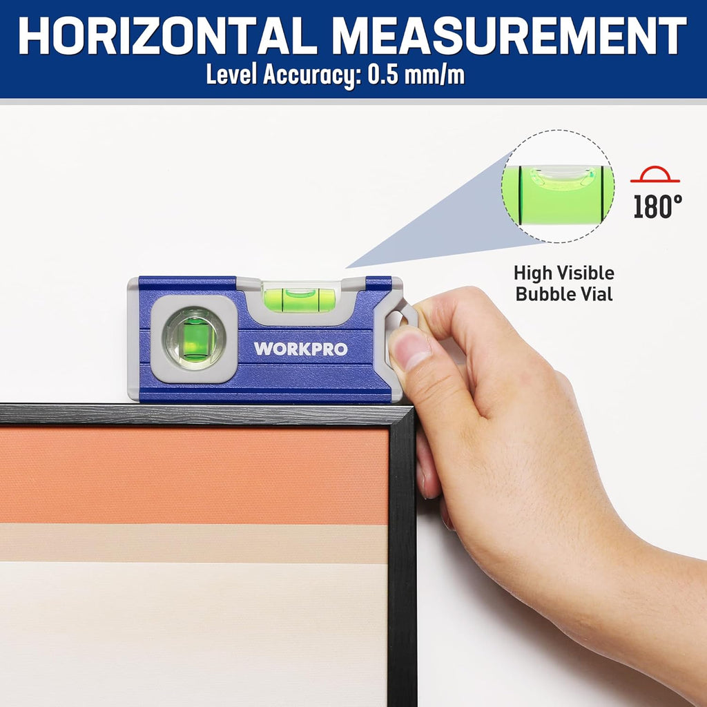 Magnetic Spirit Level 115 Mm, Mini Spirit Level with 2 Vials 90°/180°, Magnetic Spirit Level with Hanging Hole, Aluminum Alloy Body, Strong Magnet, Grooved Design for Builders