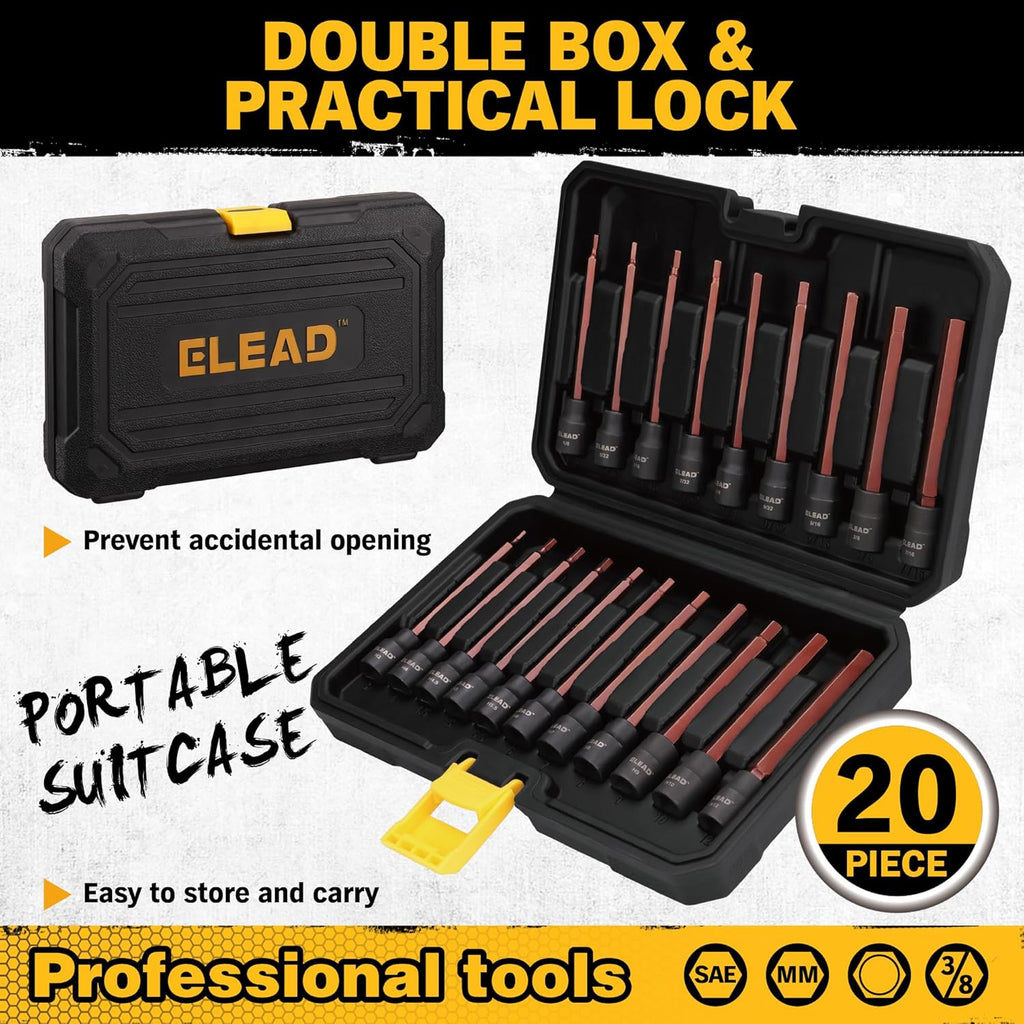 20-Piece Extra-Long Hex Socket Set: 3/8 Inch Drive Allen Key Socket Set, S2 Steel, Standard SAE & Metric (1/8-Inch - 7/16-Inch, 3-12Mm) with Storage Case