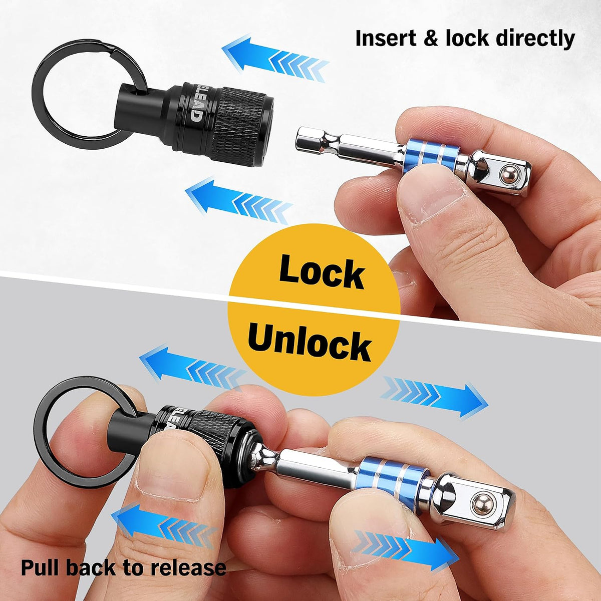 6-Piece Bit Holder Key Chain, 1/4 Inch Hex Shank Bit Holders, Quick Release Design with Keychain Carabiner for Nut Driver, Screwdriver & Drill Bits, Tools Gifts for Men