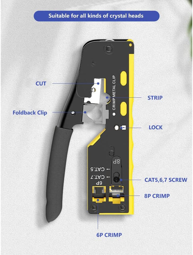 RJ45 Pass through Crimp Tool, RJ45 Cat5 Cat6 Cat7 Crimping Tool, RJ11 Crimping Tool, Ethernet Network Cable Crimper Stripper, Modular Crimping Equipment Mini Tool Pliers